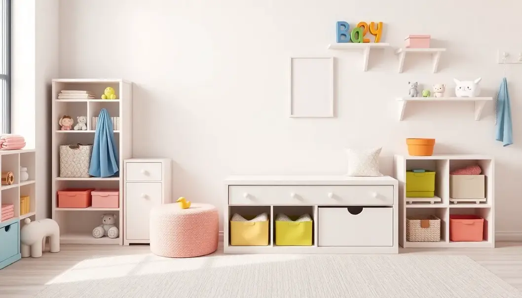 A playroom with pastel-themed storage solutions including a bench trunk and wall-mounted shelves.