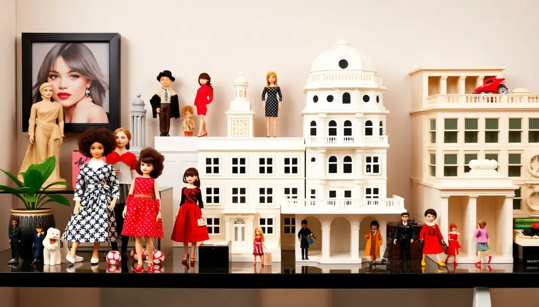Stylish display of collectible toys, including fashion dolls and LEGO sets.