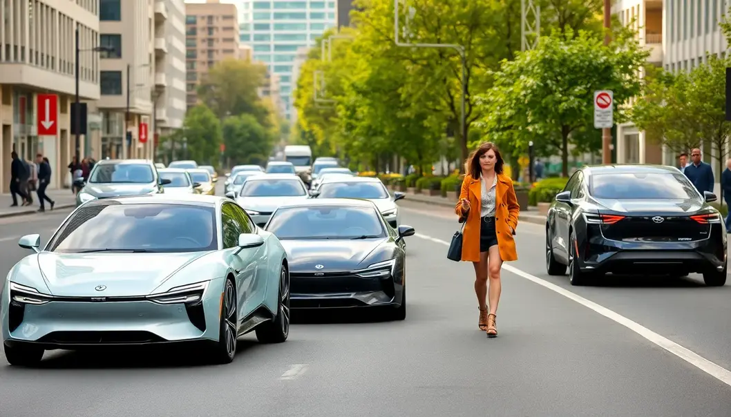 Fashionable eco-friendly vehicles and stylish pedestrians in a city setting.