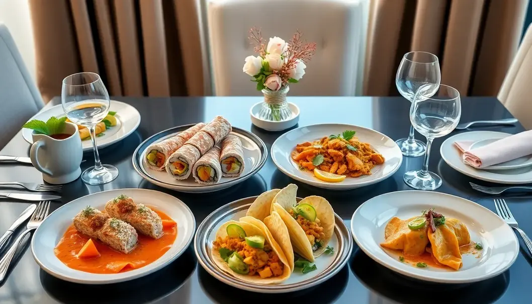 A stylish table setting featuring sushi burritos and curry wurst tacos in an elegant arrangement.