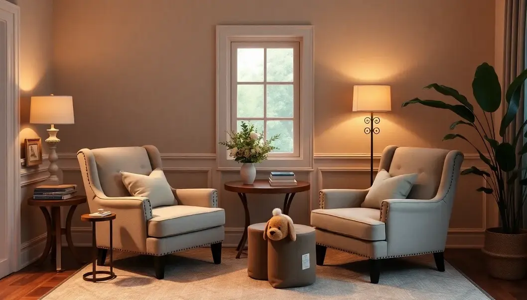 An inviting reading nook with plush seating, soothing colors, and soft ambient light.