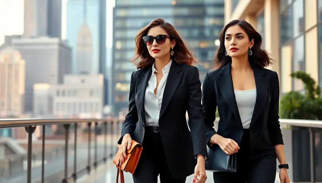 Petite woman in elegant fashion walking through a luxurious city environment.