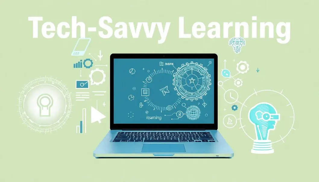 Collage showcasing laptops, holographic interfaces, and AI symbols in an educational context.