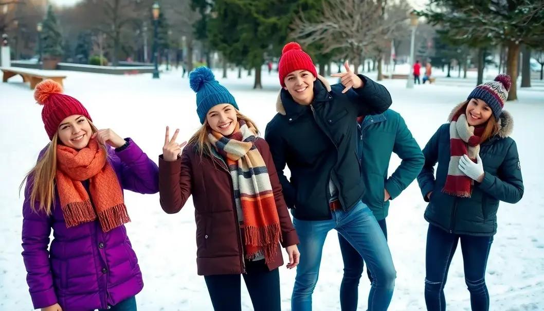 A group of teens wearing stylish winter layers in a snowy park.